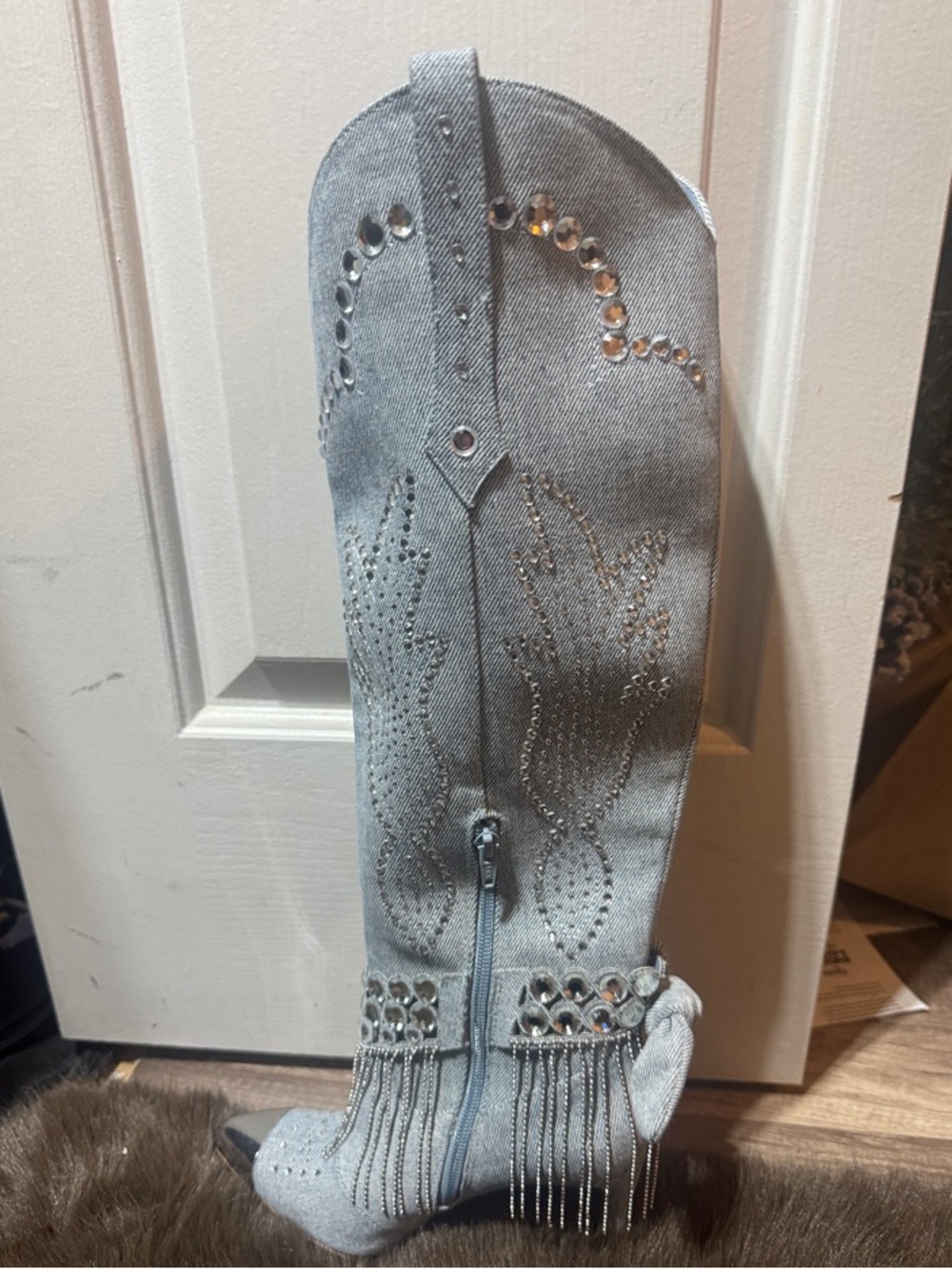 Women's Silver Studded Fringe Heeled Boot